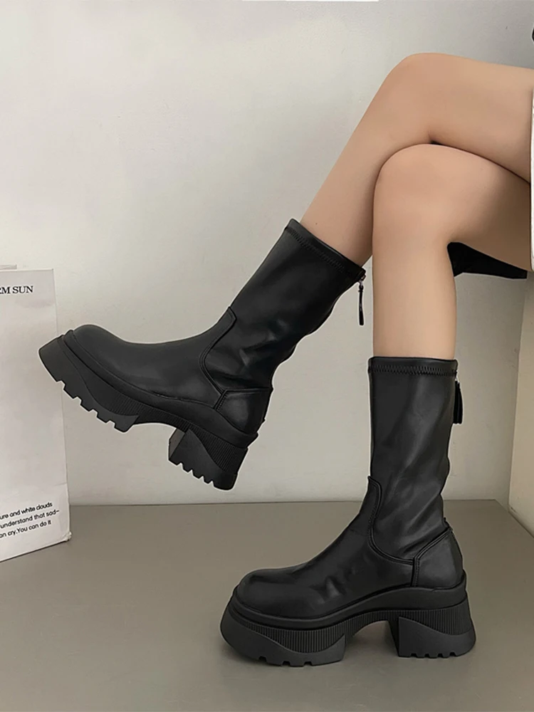 

Lady Boots Round Toe Zipper Rock Shoes Woman Boots-Women High Heel Lolita 2023 Autumn Ankle Rubber Fabric Basic Solid Rome PU Ho