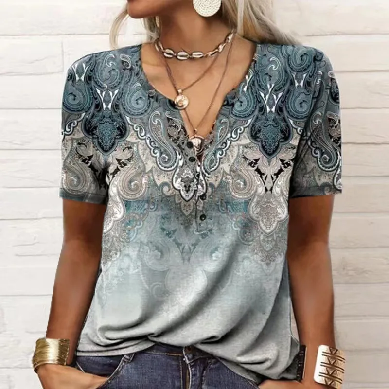 

Ethnic Style Women V-Neck T-shirt 2023 New Summer Casual Blouse Top Female Fashion Bohemian Print Multicolor Short Sleeves Tops