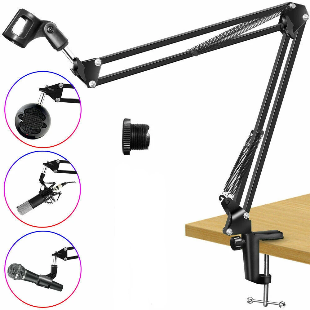  360 Degree Microphone Arm Holder Suspension Boom Scissor Long Arm Stand Support with Microphone Clip Table Mounting Clamps 