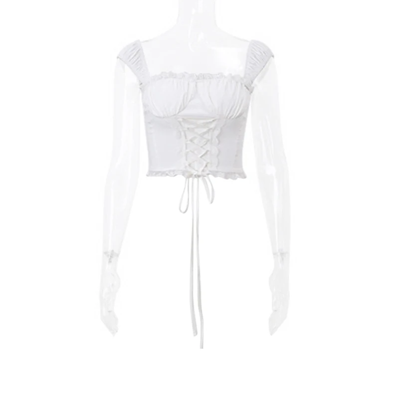 Fairycore Kawaii Lace Trim Front Tie Up T-shirt French Romatic Square Neck Crop Tops Chic Women Slim Fitted Tees Y2K Streetwear 4 Fairycore Kawaii Lace Trim Front Tie Up T-shirt French Romatic Square Neck Crop Tops Chic Women Slim Fitted Tees Y2K Streetwear
