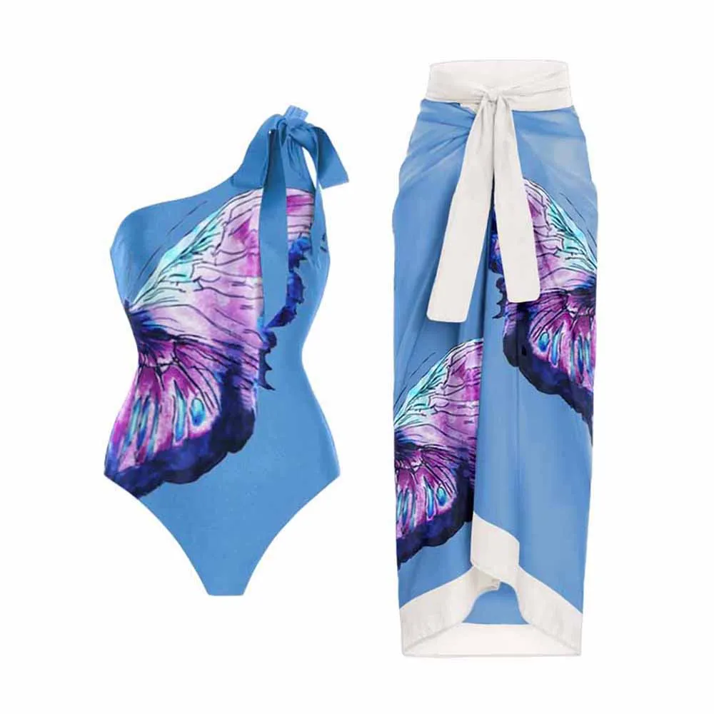 

Women Butterfly Print Swimsuit One Shoulder Slim Lace Up Bikini One Piece Swimming Suit Cover Up Summer Brazilian Beach Wear