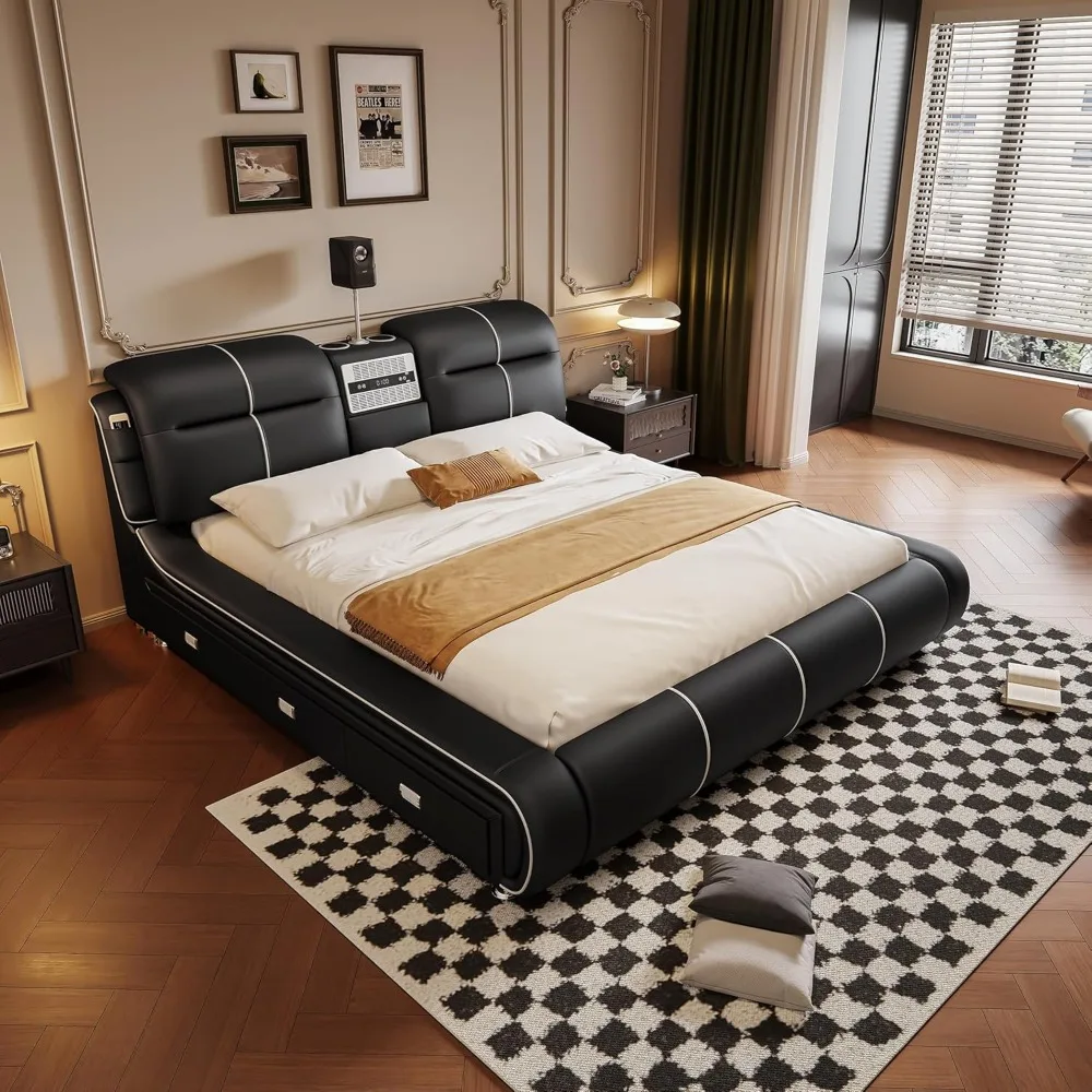 Multifunctional King Size Bed Frame, 720P Projector/Air Purifier/Massage Function/Music Speaker/USB Port/Storage Drawers 6