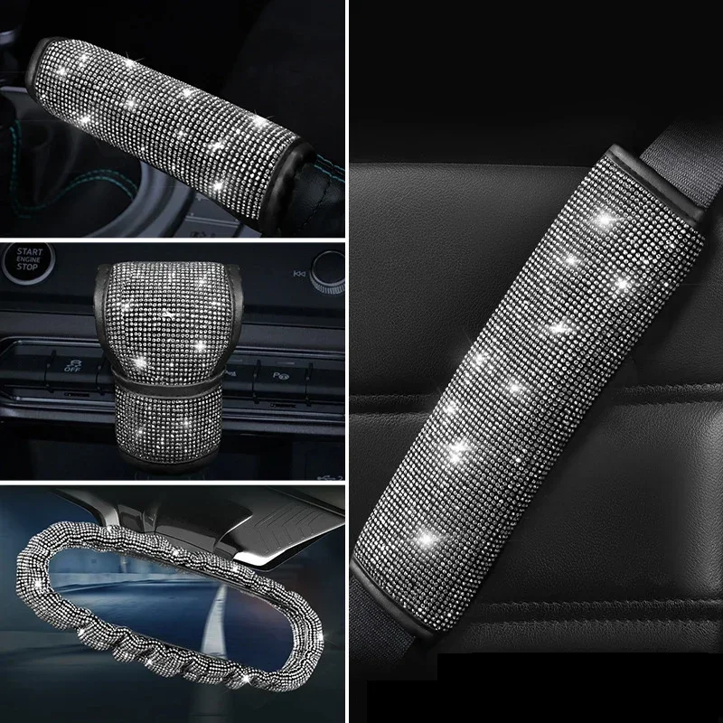 

Rhinestone Car Accessories Women Auto Handbrake Gear Shift Rearview Mirror Armrest Cover Shoulder Pad Bling White Decoration