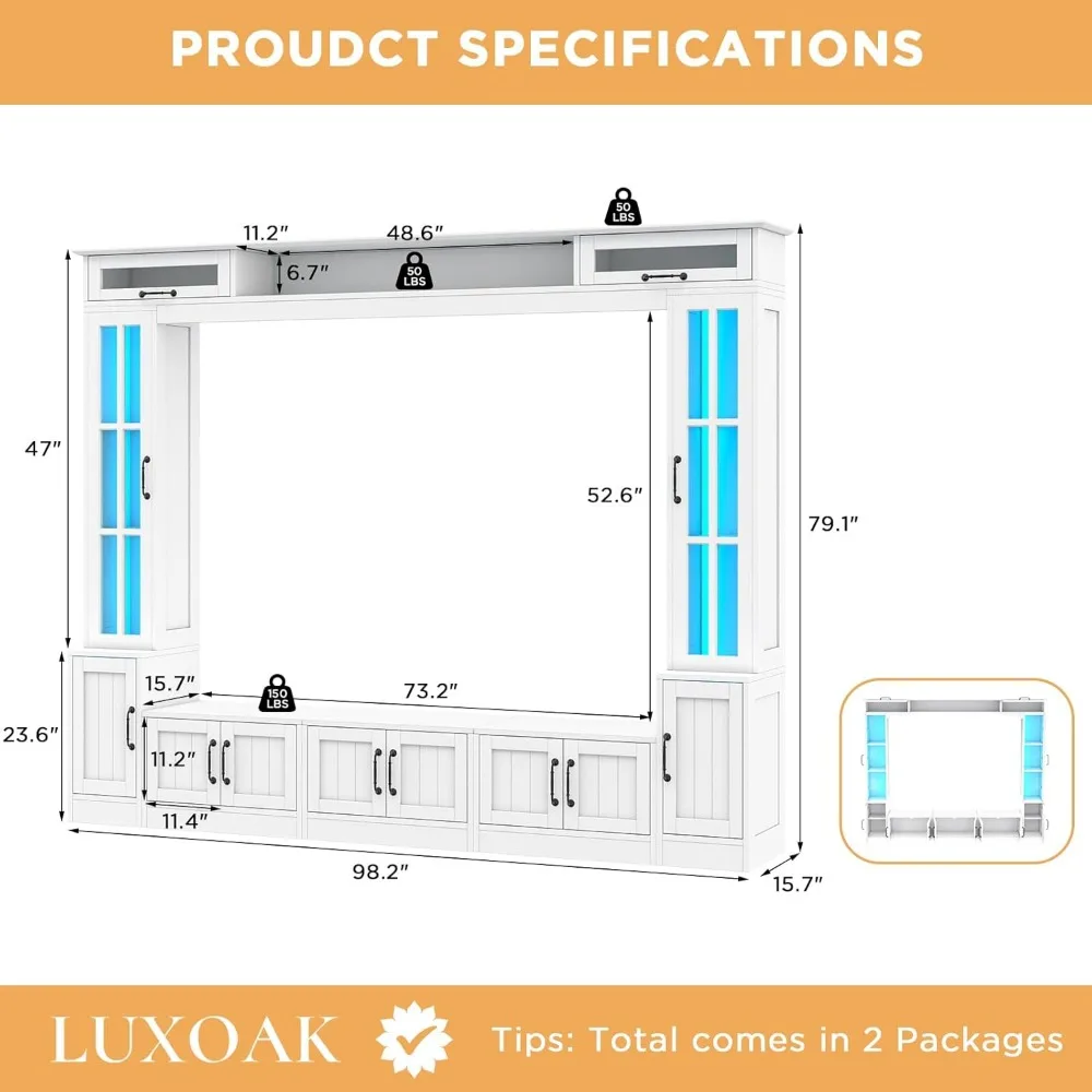 98" Wall Unit with LED Lights for TVs up to 80", Large Modern Wood Tall TVs Stand Console Table Storage Cabinet, TV Stand 2