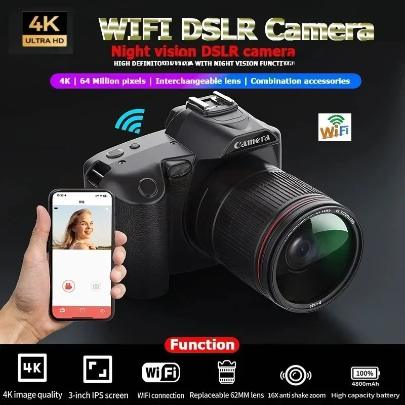 

4K Professional Camcorder WIFI Digital HD Night Vision DSLR Camera Youtube Streaming Vlog Recorder Cam 16X Time-Lapse Webcam