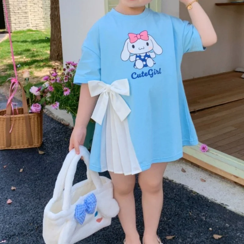 

2024 Summer Girl Baby Jade Guigou Hello Kitty Kuromi Cinnamoroll Bow Dress T-shirt Dress Cartoon Girl Casual Dress Birthday Gift