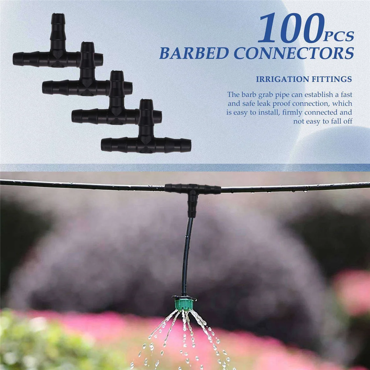 Drip Irrigation Barbed Connectors, Universal Barbed Tee Fittings 100Pcs, Fits 1/4 inch Drip Tubing (4/7mm Tee Pipe)