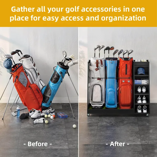 Wooden Large Golf Bag Storage Rack Holder for Garage Fit 3 Golf Bags Organizer 5