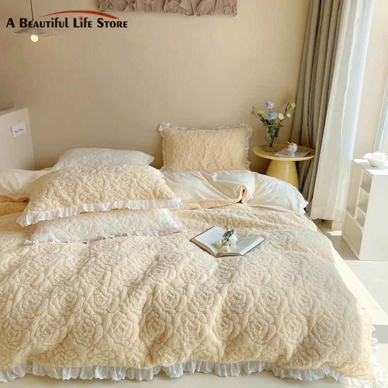 SuperWarmWinterVelvetFleeceBeddingSetFluffyShortPlushFlowers