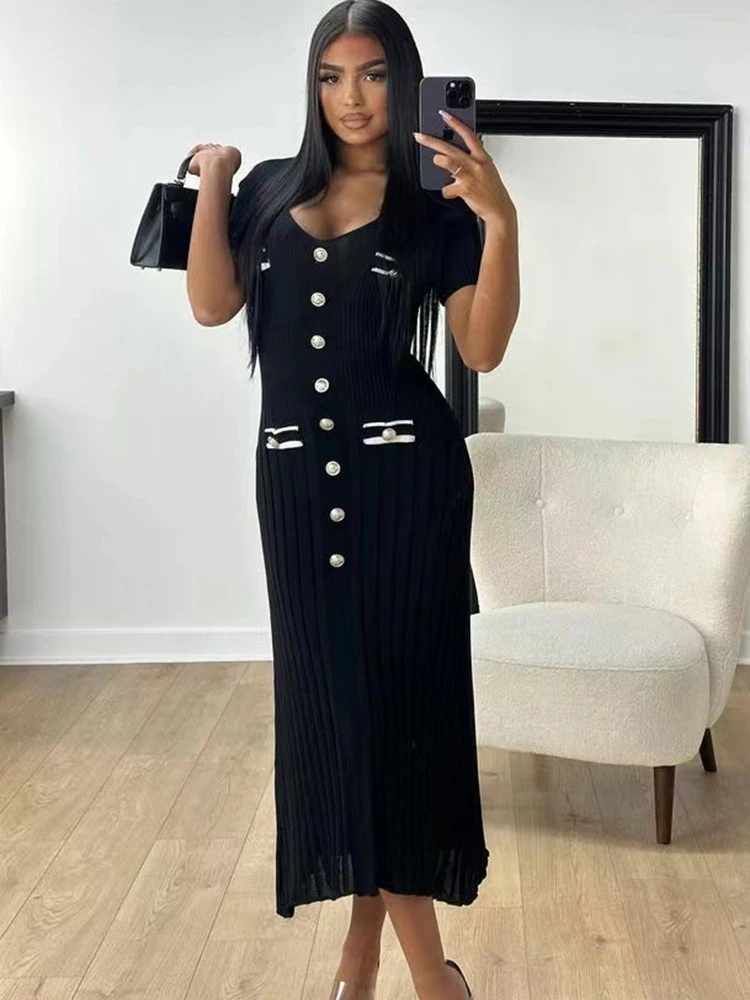 Office Lady Elegant Knitted Long Dress Summer Short Sleelve V Neck Single Breasted Bodycon Dresses Women Party Fashion Vestidos 3
