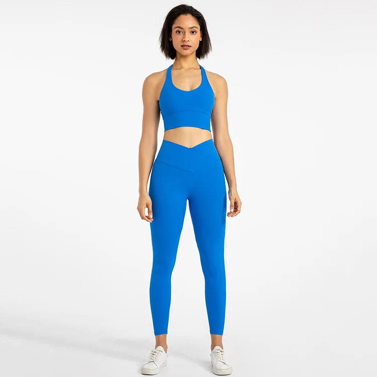 

Solid Color Women Gym Fitness Yoga Set Halter Neck Sports Bra Top Legging Two Piece Suit Cross Waist Comprehensive Training Jog