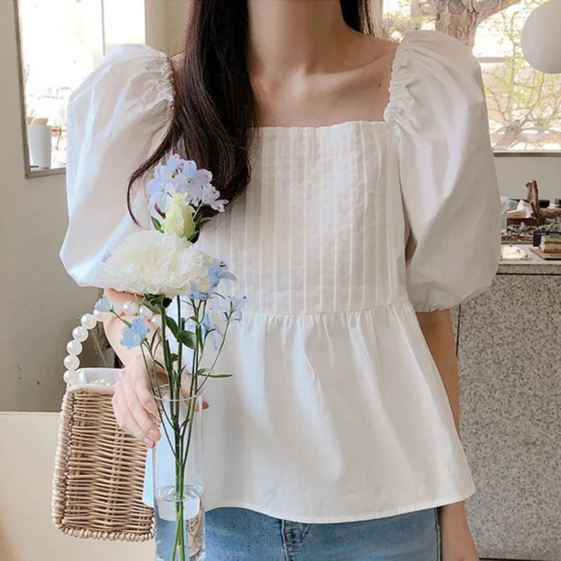 

Sweet Solid Color Loose Folds Puff Sleeve Blouse Female Clothing 2023 Summer New Casual Pullovers All-match Office Lady Shirt