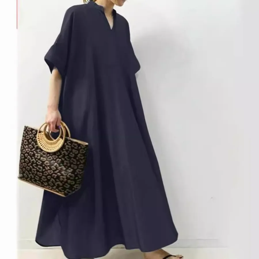 

2024 Women's Spring Summer Casual Cotton Linen Dress Solid Elegant V-neck Three Quarter Sleeve Evening Party Club Dress Female