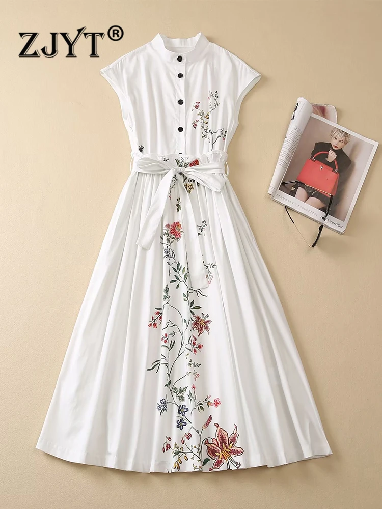 

ZJYT Summer Floral Print 100% Cotton Shirt Dress White Women 2023 Runway Designer Single Breasted Casual Vestidos Holiday Robes