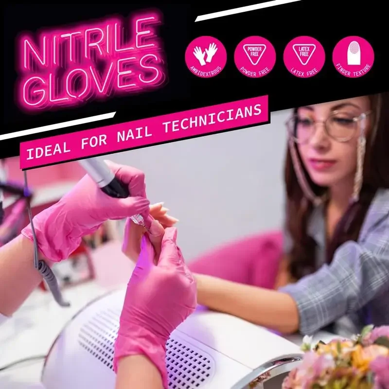 100PCS Pink Nitrile Disposable Gloves for Kitchen Cleaning Dishwashing Gardening Work Hair Salon Tattoo Gloves Powder Latex Free 5