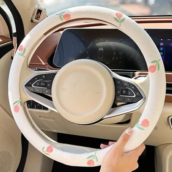 Embroidered Tulip Flower Car Steering Wheel Cover Anti-slip Wear-resistant and Sweat-absorbent Car Accessories 1