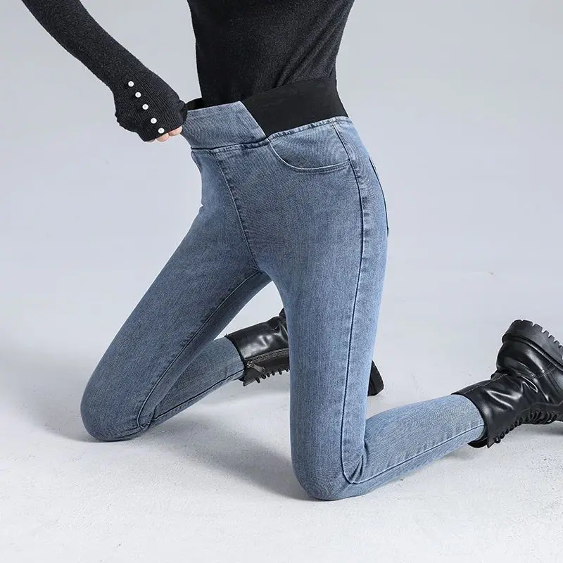 Women's Autumn Winter High Waisted Plus Velvet Fashion Jeans Casual Versatile Solid Elegant Pants Thick Sexy Silm Lady Trousers
