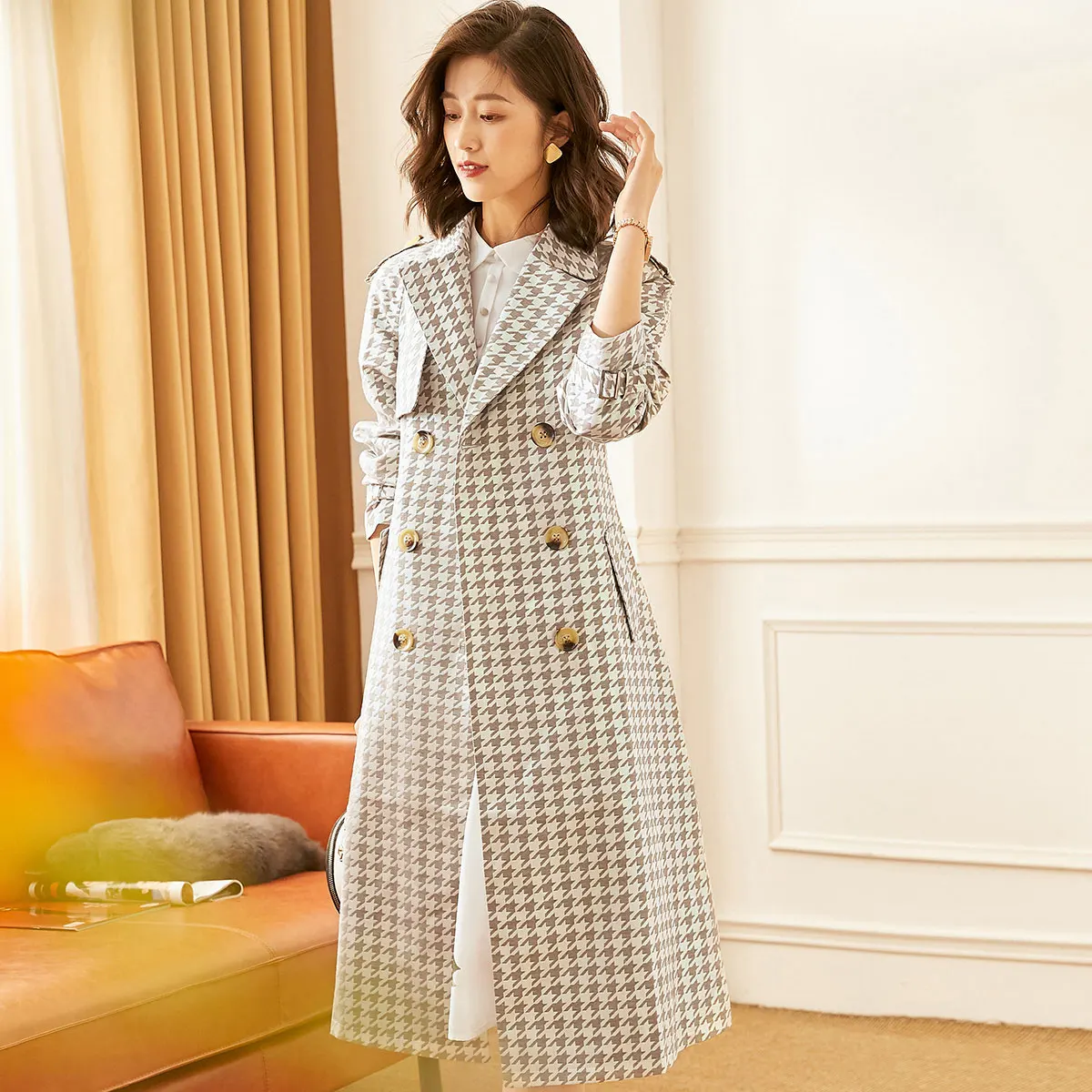 

Women Trench Coat Plaid Coat Office Lady Double Breasted Swallow Jackets Spring Autumn Trench Worsted Overcoat HT1740