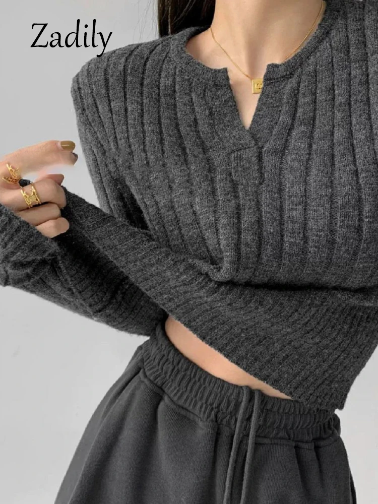 

Zadily 2022 Winter Korean Style Long Sleeve V Neck Sweater Women Minimalist Slim Crop Tops Ladies Knit Pullovers Female Clothing