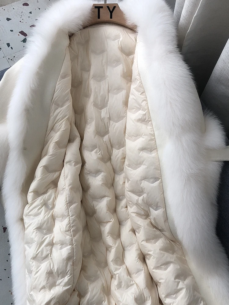 2025 New Winter Women Natural Fox Fur Collar Long White Goose Down
