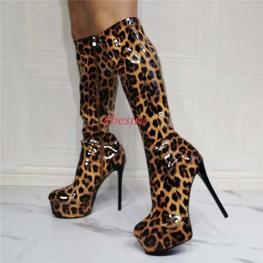 Fashion Girl Sexy Leopard Print Round Head Water Platform Stiletto Heel Large Size Women's Knee Boots