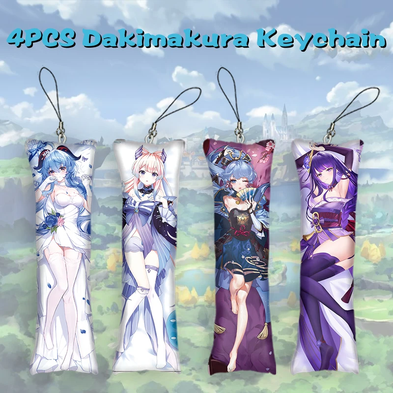 

4PCS Genshin Impact Dakimakura Keychain Hu Tao Xiao Ganyu Yae Miko Anime Pillow Key Ring 2 Side Key Chain Bag Pendant Ornament