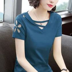 Women's Short-Sleeved T-shirt Hollow out V-neck Black Shirt Summer Loose Top Wear Woman Tshirts Tops Mujer Camisetas