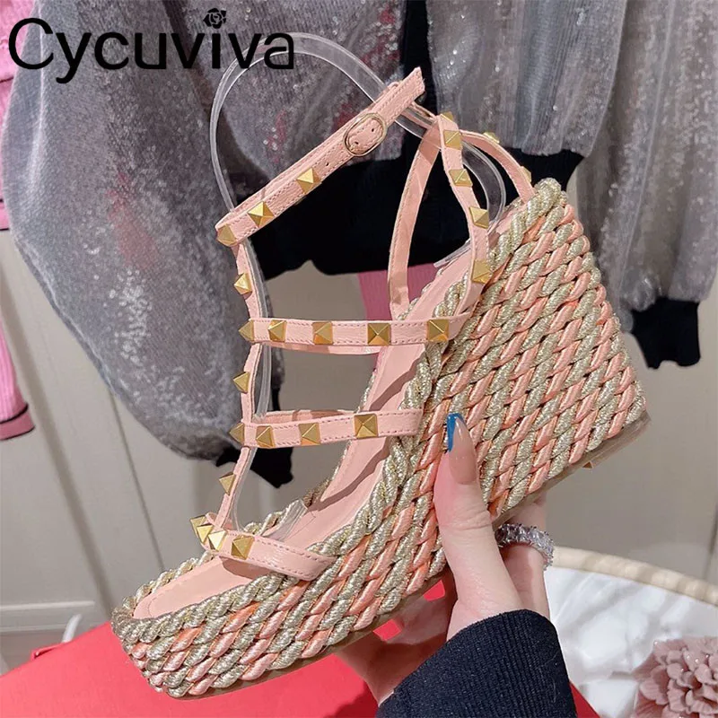 

Rivets Studded Platform Wedge Sandals Women Designer Brand High Heel Rome Sandals Summer Sexy Runway Party Dress Shoes For Women