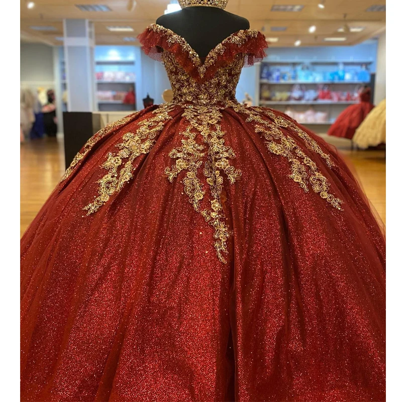 

Red Shiny Quinceanera Dress Gold Appliqued Ball Gown Glitter Cocktail Dresses Vestidos De 15 Quinceañera Sequin Evening Dress