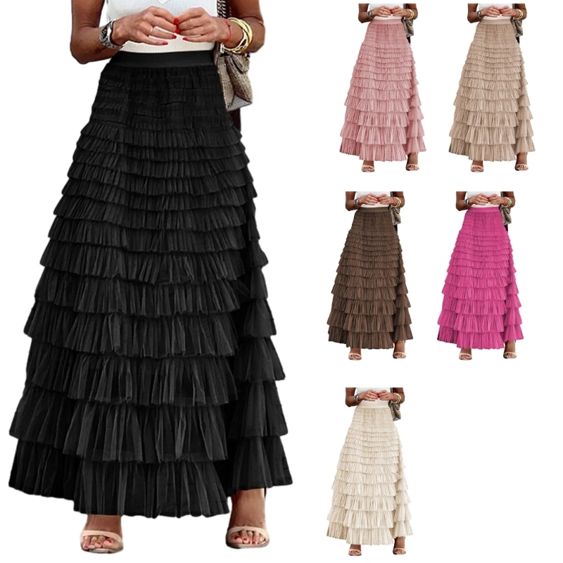 Elegant Mood Tulle Pleated Ruffle Elastic Waist Tiered Midi Skirt