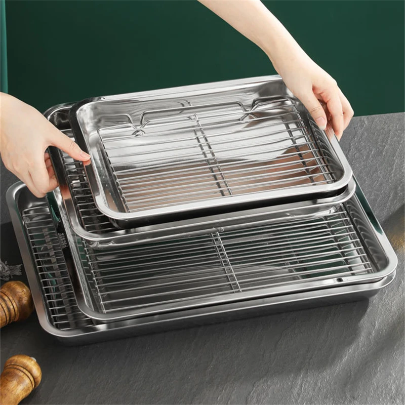 Rectangular Storage Plates Stainless Steel Bakeware with Cooling Rack Kitchen Oven Baking Tray Oil Filter Pan Food Service Trays storage box storage tray kitchen tray