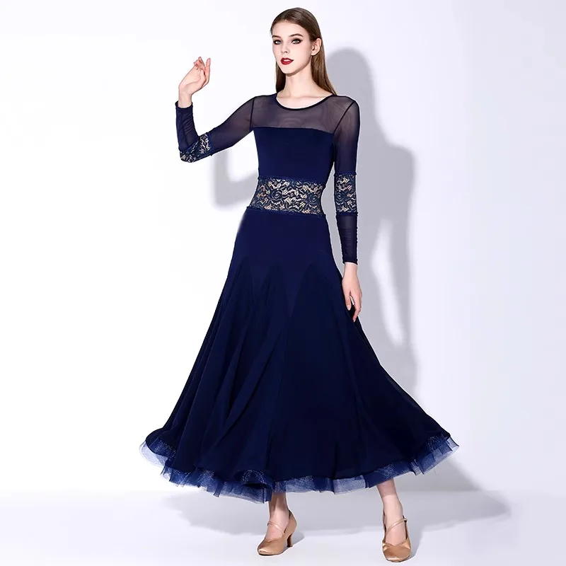 New Adult Modern Dance Dress MY875 National Standard Dance Dress Navy Blue Long Sleeved Waltz Practice Suit