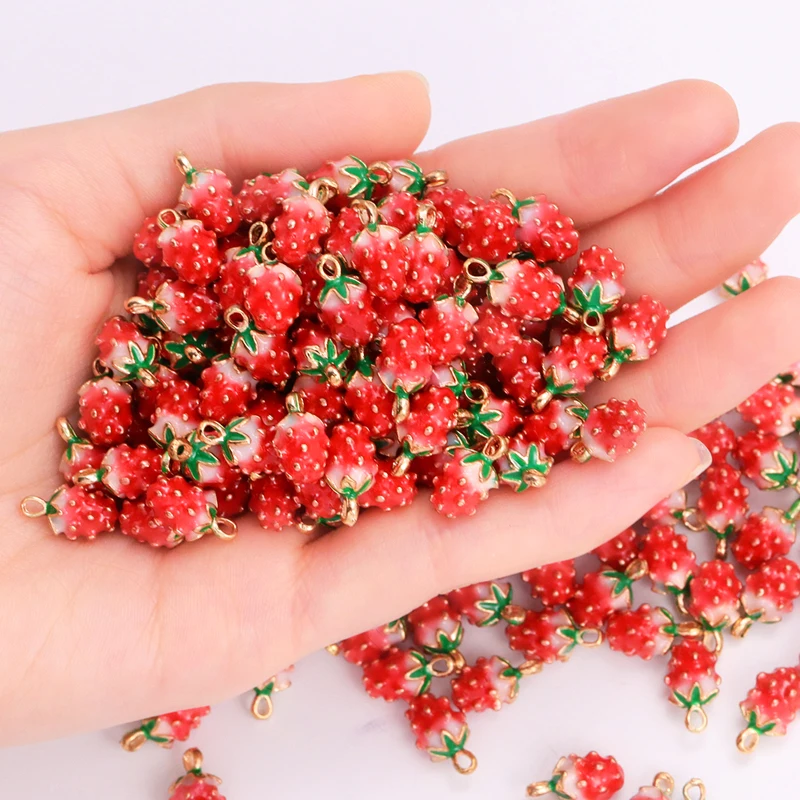 Set of 10 Enamel Strawberry Charms - Gold-Tone Fruit Pendants
