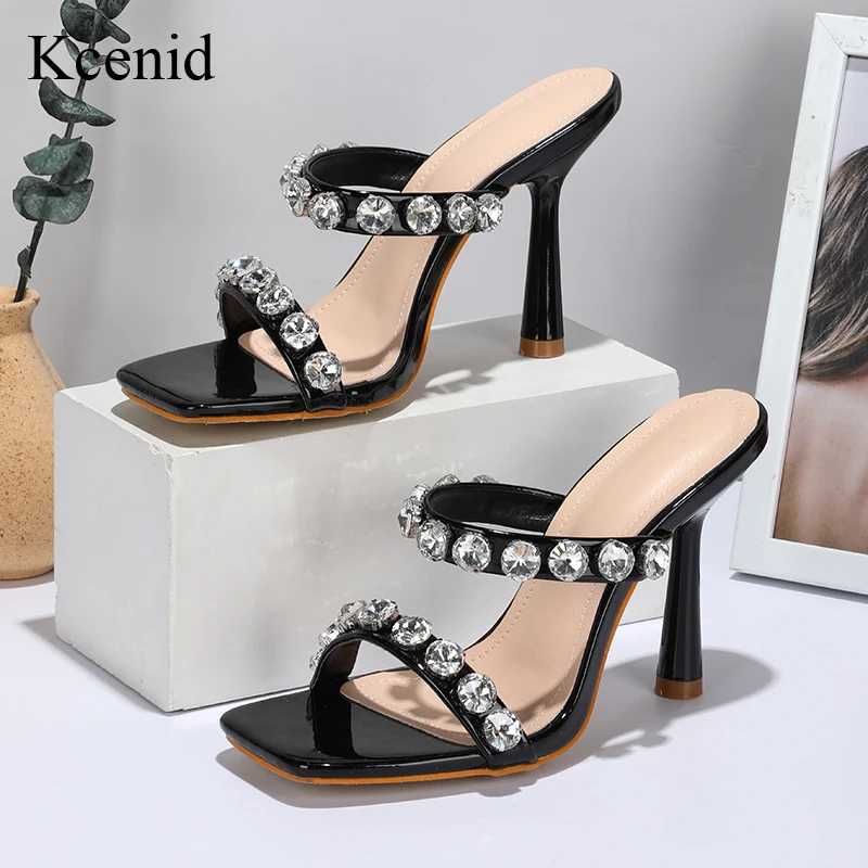 

Kcenid 2022 Sexy Open Toe Big Crystal Decoration Women Mules High Heel Slip-On Slippers Summer New Dress Party Sandals Size 42