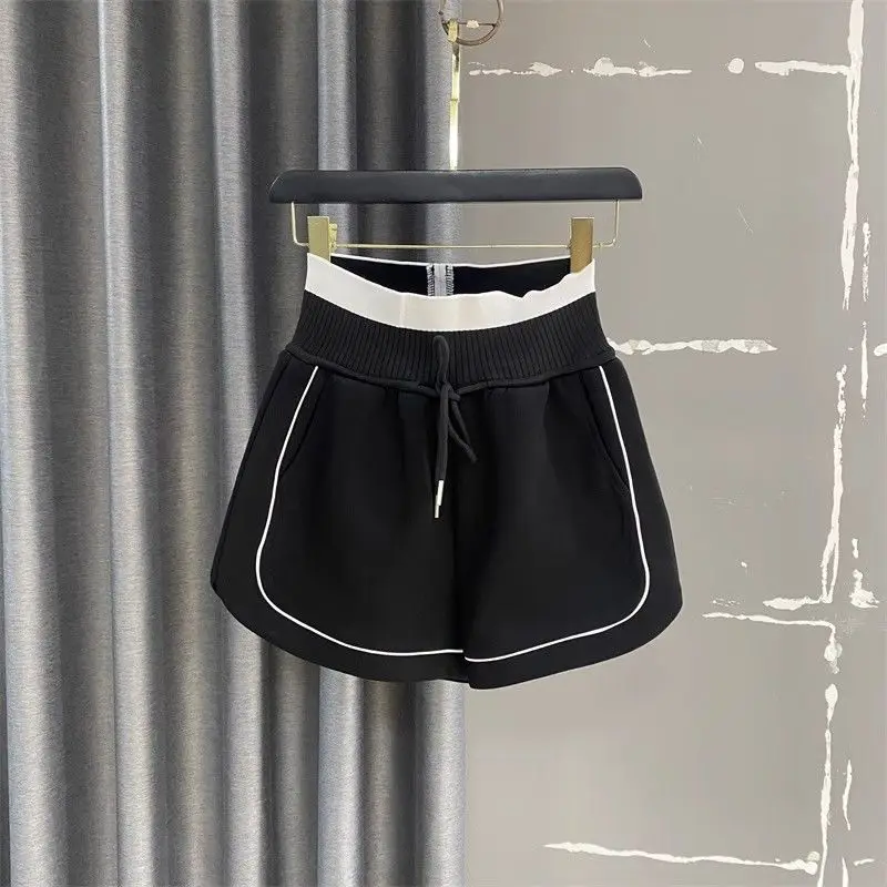 Retro 2024 Summer New Fashion Spliced Elasticized High-waisted Pocket Fashion Solid Casual Sports Loose A-line Wide Leg Shorts