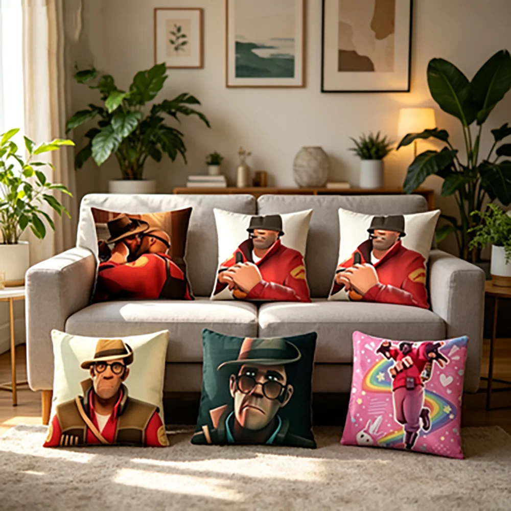 TF2 게임 테마 핫 티팀 F-포트리스 2 소파룸 장 보이지 않는 지퍼가 있는 짧은 플러시 베개 커버 쿠션 커버