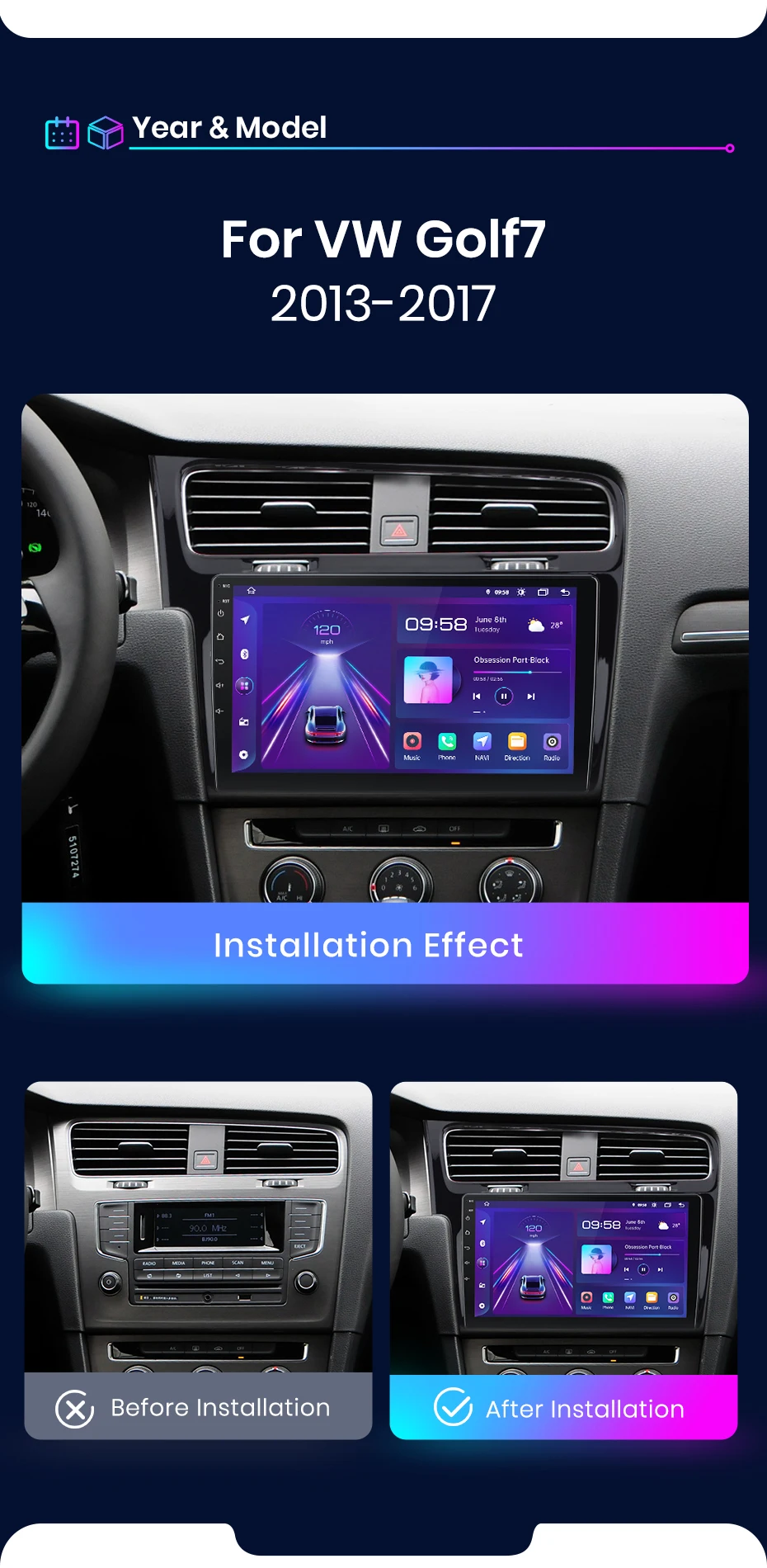 Junsun AI Wireless CarPlay für Apple Android Auto Autoradio für VW Volkswagen Golf 7 2013 2014 2015-2017 Multimedia Navi Stereo – Detail 5