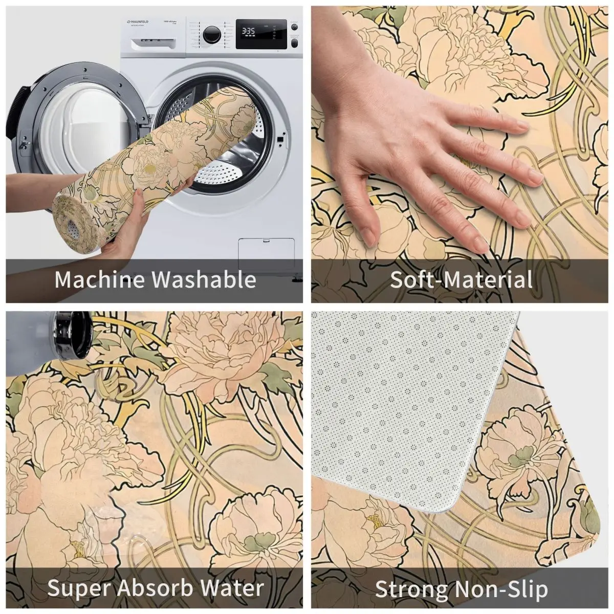 Swirl Pattern Non-slip Doormat Alfonse Mucha Art Nouveau Peonies Bath Kitchen Mat Prayer Carpet Indoor Pattern Decor 3
