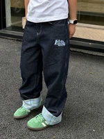 American retro plaid patchwork rolled edge women jeans high street Harajuku loose wide leg straight leg men and women pants - Image 2