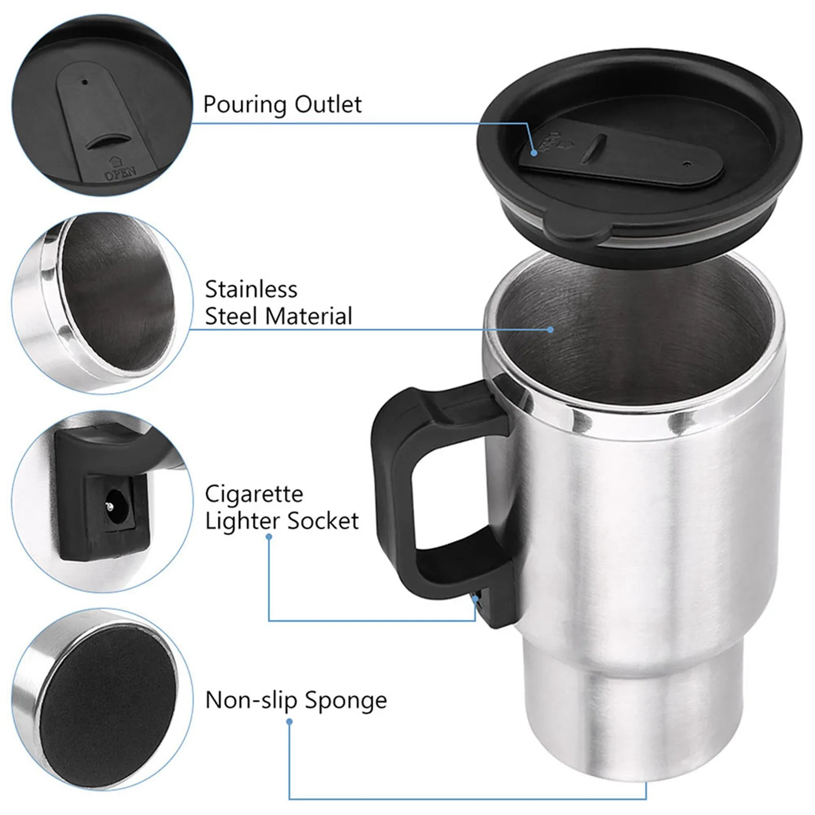 Travel Electric Kettle 450ml Electric In-car Travel Heating Cup Cigarette Lighter Plug Stainless Steel