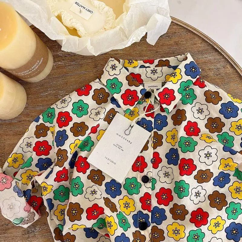 Spring Autumn Girls Boys Fashion Pring Flower Long Sleeve Blouse