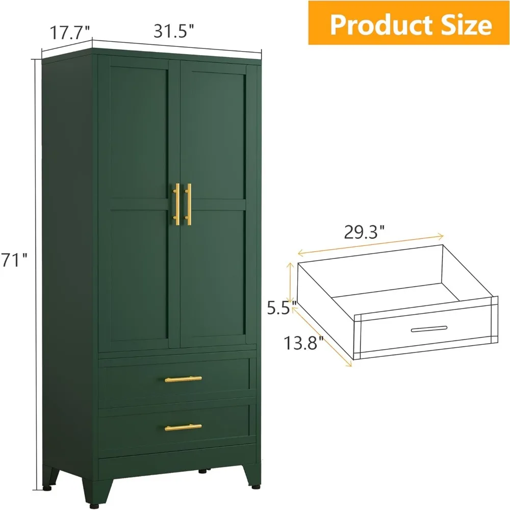 Metal Armoire Wardrobe Closet, Clothing Storage Cabinet with Hanging Rods and 2 Drawers, Household Closet Organizers 2