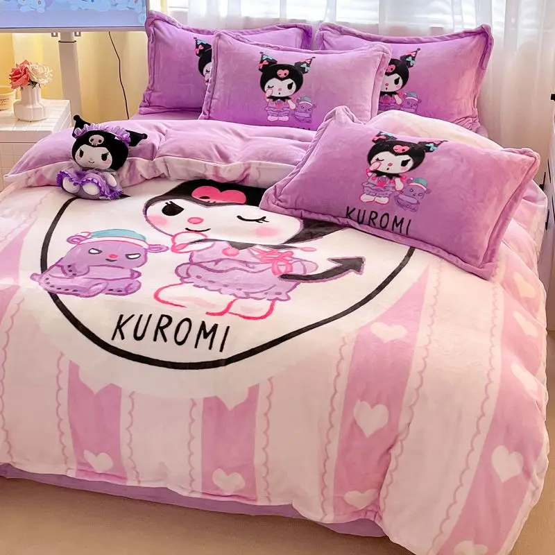 

Sanrio простыня Hellokitty Mymelody зимний утолщенный молочный бархат четыре части милый Kuromi двухсторонний замшевый Постельный Комплект Простыни и пододеяльник