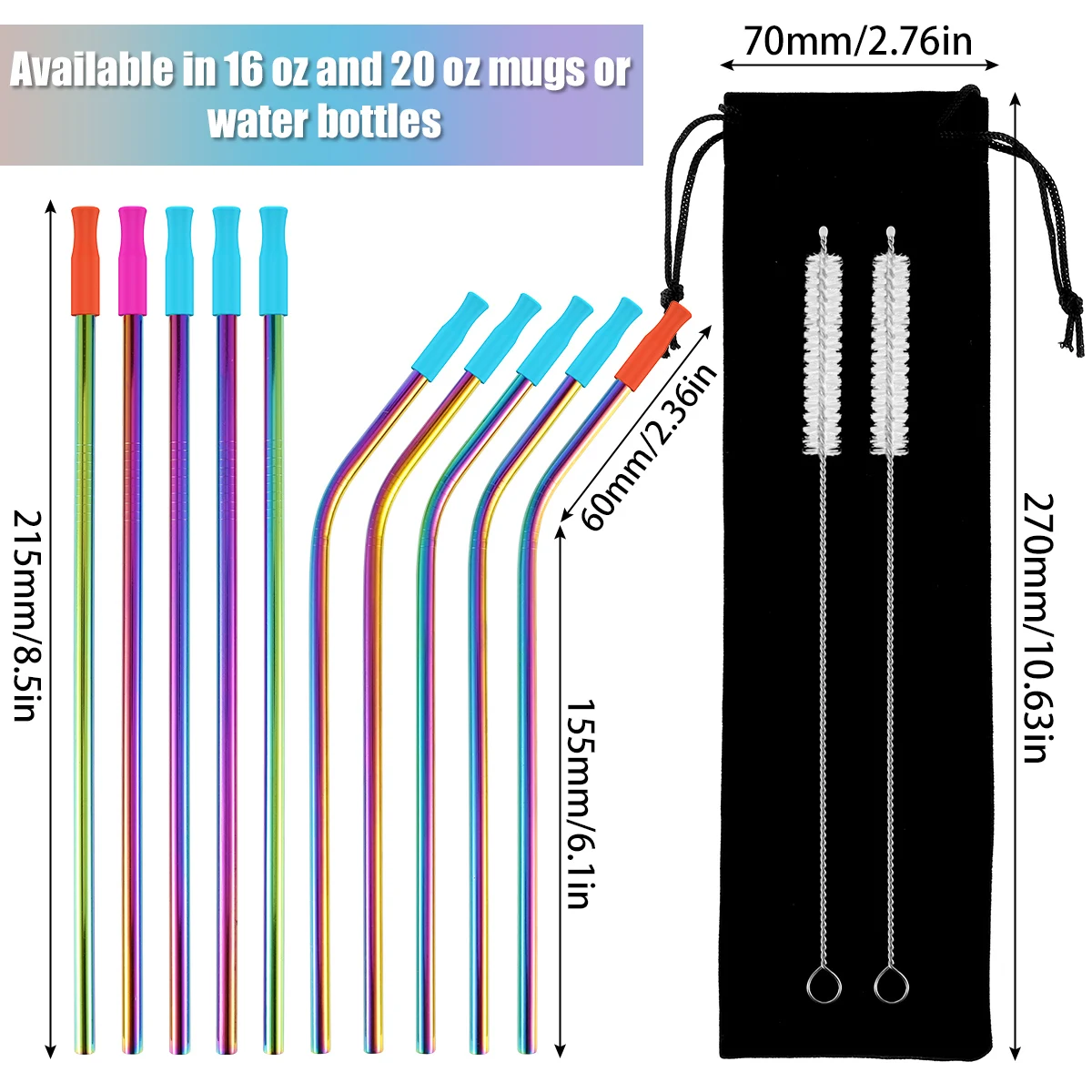 Set of 12/10 Reusable Stainless Steel Drinking Straws with Cleaning Brush