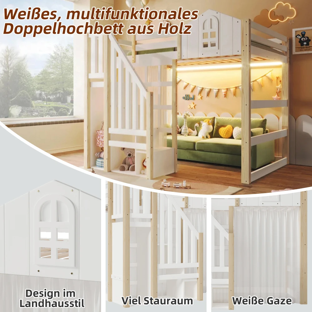 90x200cm Kinderzimmer-Hochbett, mit LED-Leuchten und Gaze, Fensterform, offenes Aufbewahrungsfach, Weiß + Natur (ohne Matratze) – Detail 32