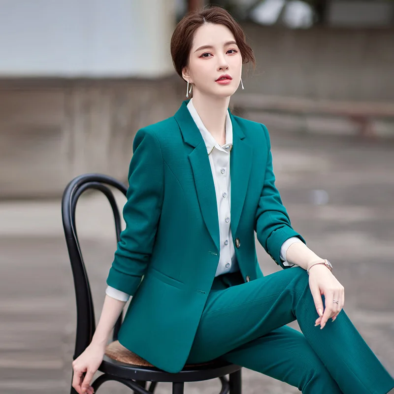 

Women Green Fashion Pant Suit 2 Piece Set Female Long Sleeve Casual Jacket Pencil Trouser Business Work Wear Formal Blazer Sets