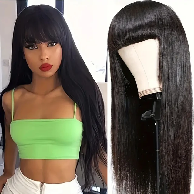 30 Inch Silky Straight Human Hair Wigs With Bangs None Lace Front Wigs  Machine Made Glueless Wigs 180% Brazilian Virgin Hair - AliExpress