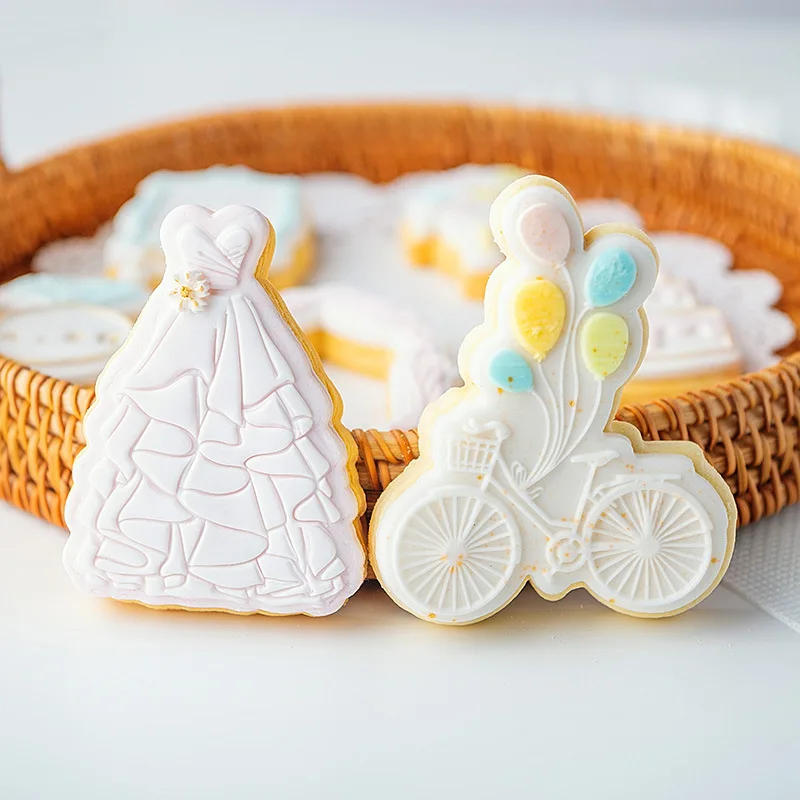 Cookie Press Stamp Happy Wedding Bride Ring Cake Decor Tool 3D Acrylic Fondant Sugar Craft Cutter DIY Baking Biscuit Pastry Mold
