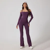 Seamless Yoga Jumpsuits Sports Fitness High Waist Hip Raise Long-Sleeved Flared Pants Suit Workout Gym Leggings Set for Women 2