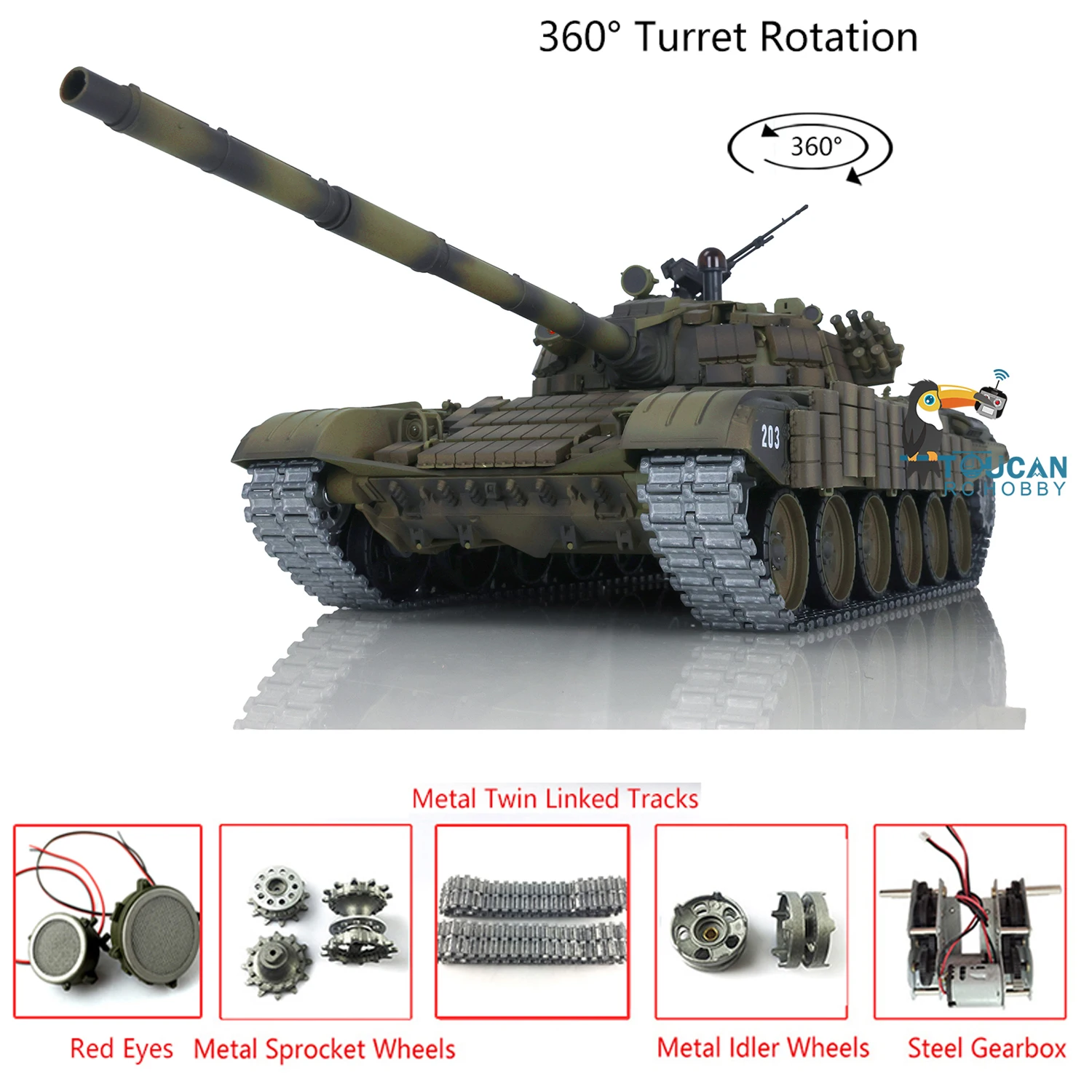 Henglong Soviet T72 RC Tank 1:167.0 3939 360° Turret Red Eyes Armor Remote Controled Vehicles TH20572 2